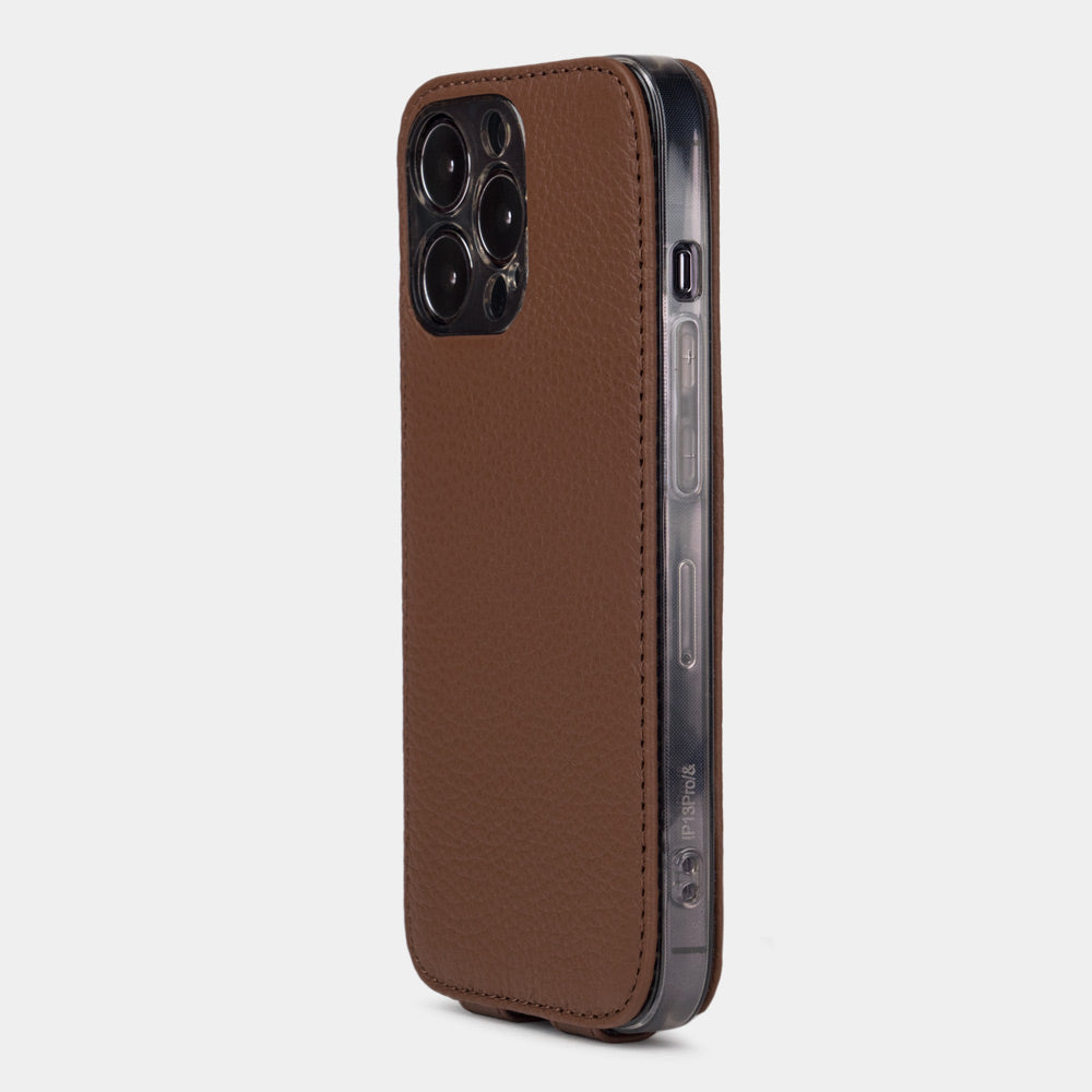 iPhone 14 Pro Max flip case made with brown premium leather – view from the camera side showing how the leather efficiently protects the camera block