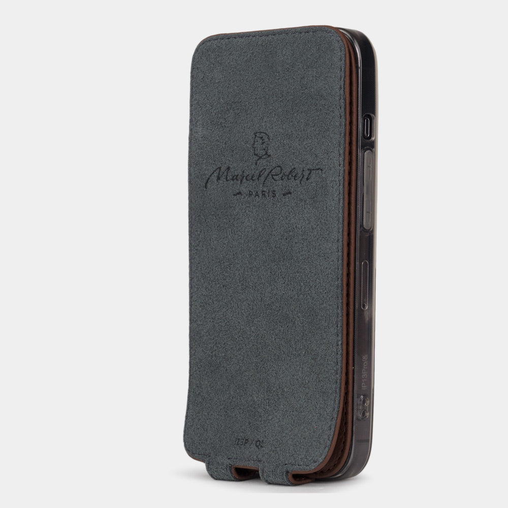 iPhone 14 Pro Max flip case made with brown premium leather – flap folded onto the back of the iPhone, showing the Alcantara® fabric lining that cleans the screen