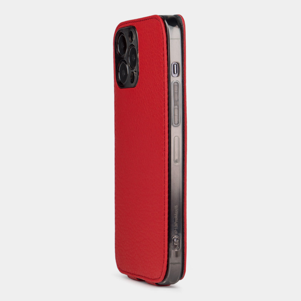 iPhone 14 Pro Max flip case made with red premium leather – view from the camera side showing how the leather efficiently protects the camera block