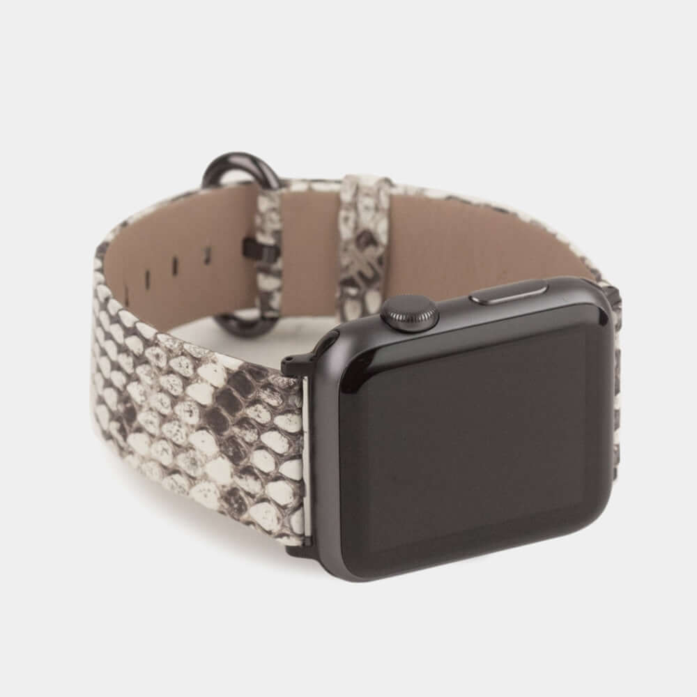 natural python strap apple watch with adapters and buckle frontal view