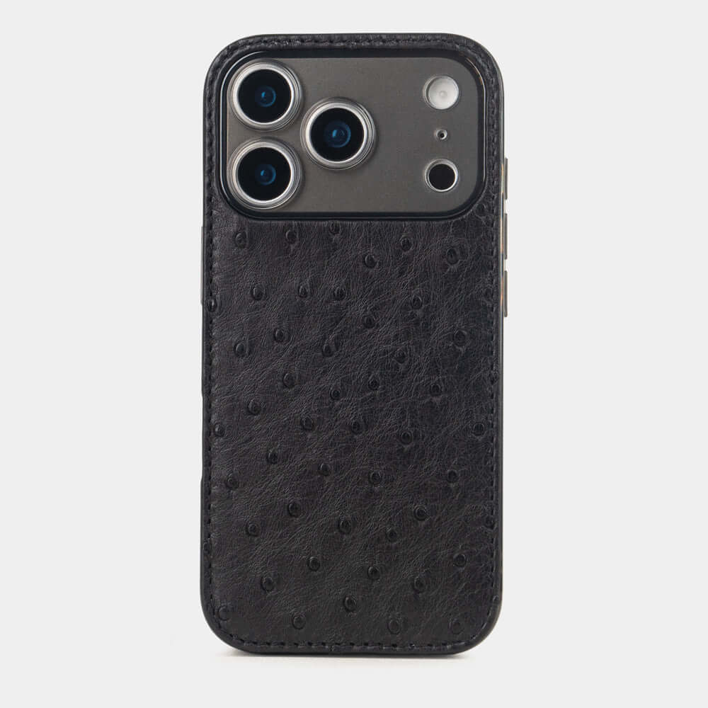 Black Ostrich Cover Case iPhone 17 Pro Max - case with textured quill pattern, view from camera side and how the lenses are efficiently protected