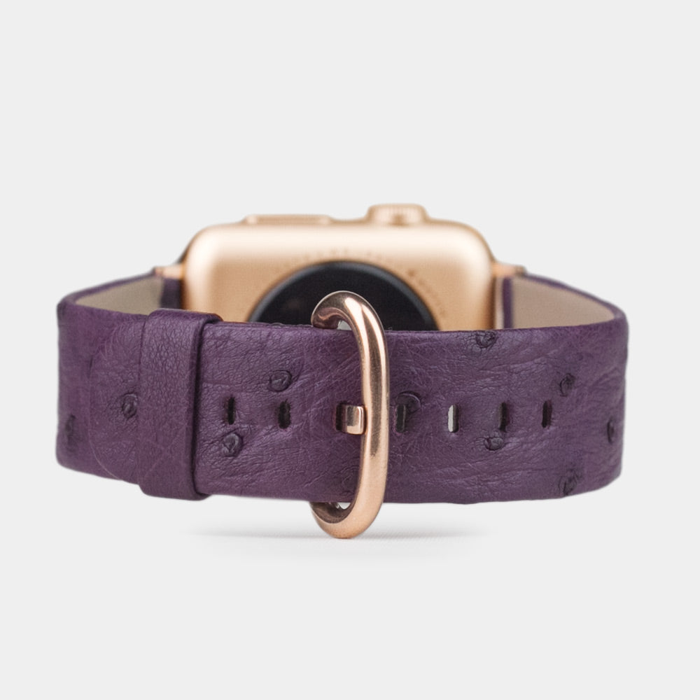 Strap for the Apple Watch 41/42 mm in purple ostrich leather, with pink gold adapters and buckle | main view