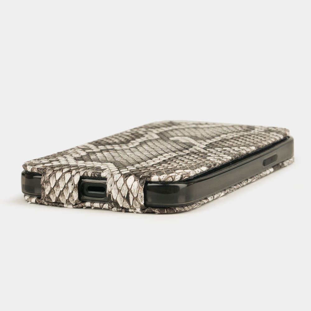 natural python leather flip case for iPhone 12 pro laid flat showing ultra slim handcrafted profile