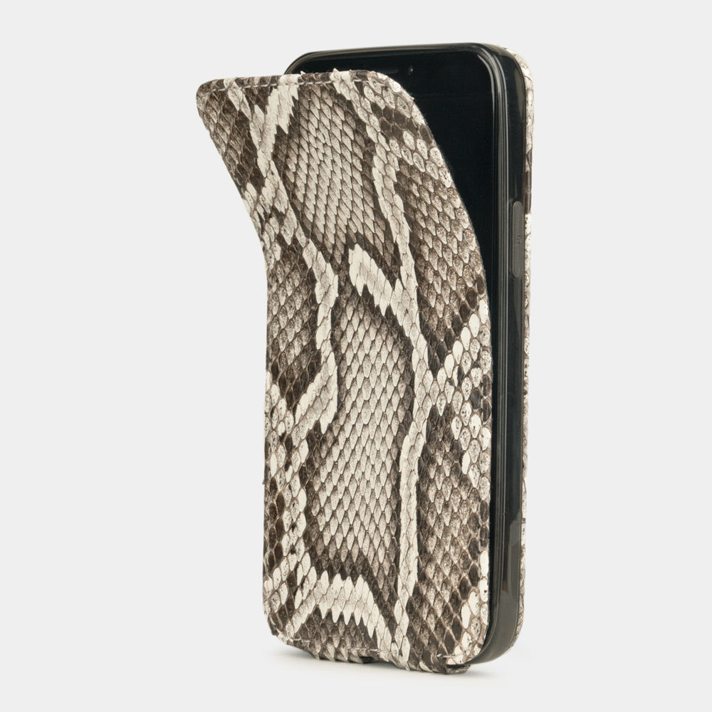 natural python leather iPhone 12 pro flip case shown partially open, handcrafted exotic leather cover with magnetic flap