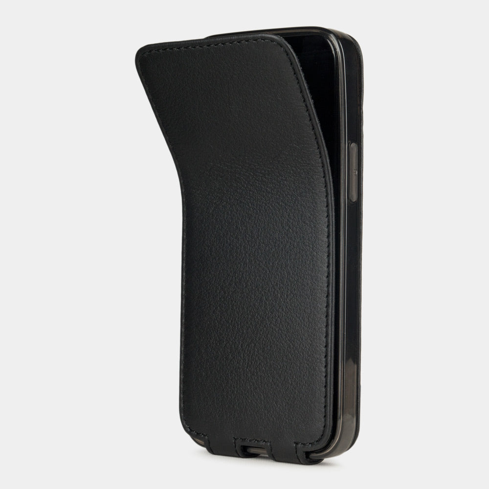 black leather iPhone 12 Pro flip case shown partially open, slim handcrafted leather cover with magnetic flap