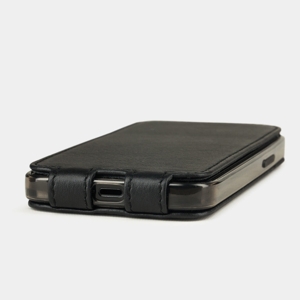 black leather flip case for iPhone 12 pro, view of the case laid flat showing its slim profile