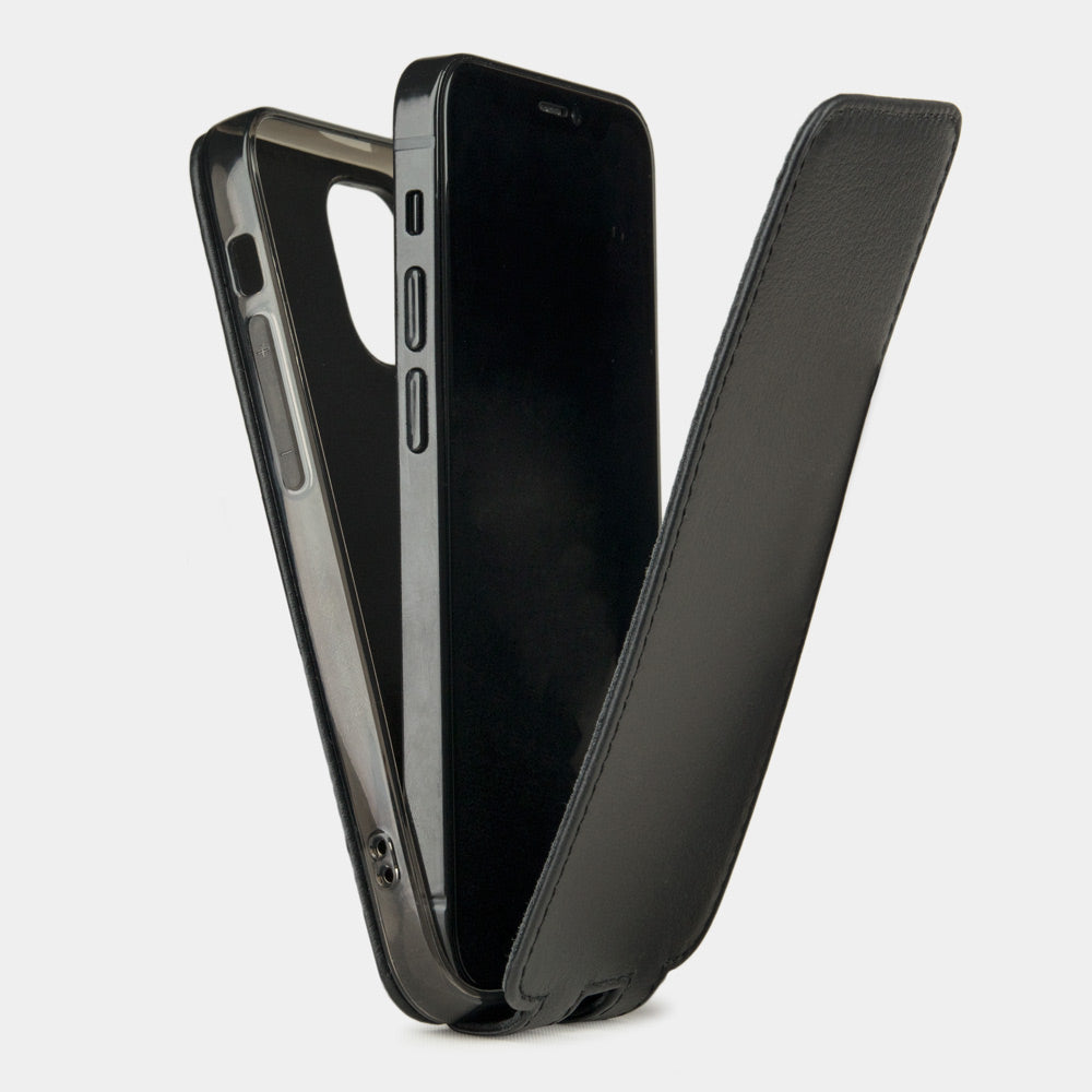 black leather iPhone 12 pro case showing slim protective silicone shell and magnetic flip cover