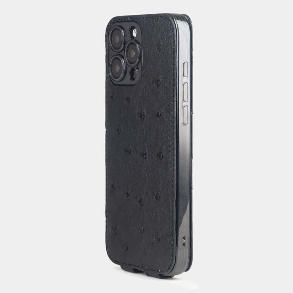 Black Ostrich Flip Case iPhone 16 Pro Max - view from camera side and how the lenses are efficiently protected