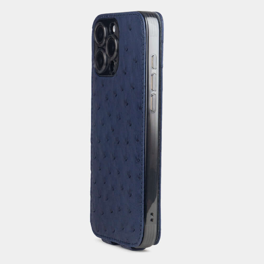Blue Ostrich Flip Case iPhone 16 Pro Max - view from camera side and how the lenses are efficiently protected
