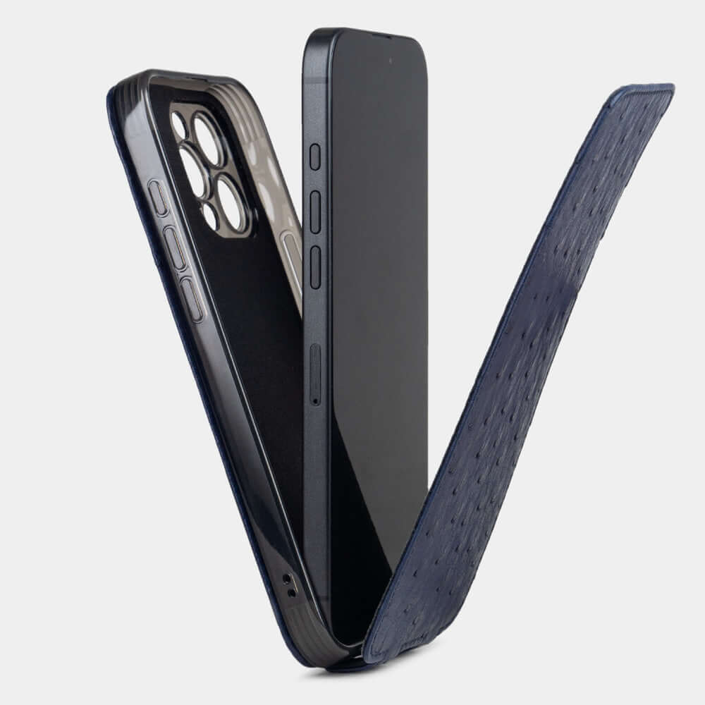 Blue Ostrich Flip Case iPhone 16 Pro Max - flip phone case shown open on smartphone, natural scale texture with folding front cover