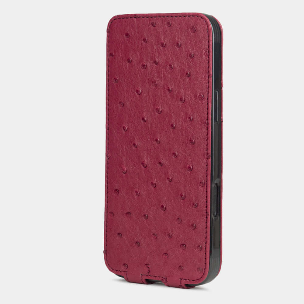Rose Ostrich Flip Case iPhone 16 Pro Max – upright closed view highlighting the magnetic front cover fully protecting the screen, elegant silhouette