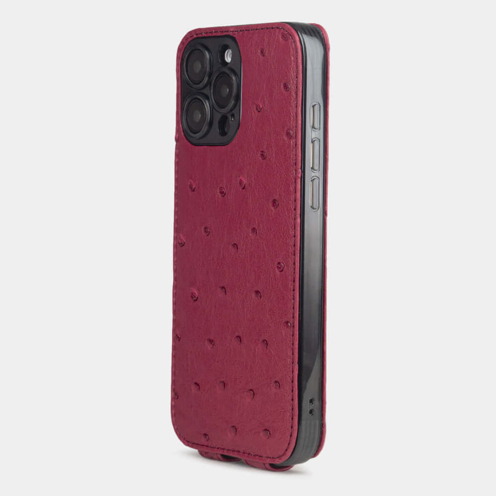 Rose Ostrich Flip Case iPhone 16 Pro Max - view from camera side and how the lenses are efficiently protected