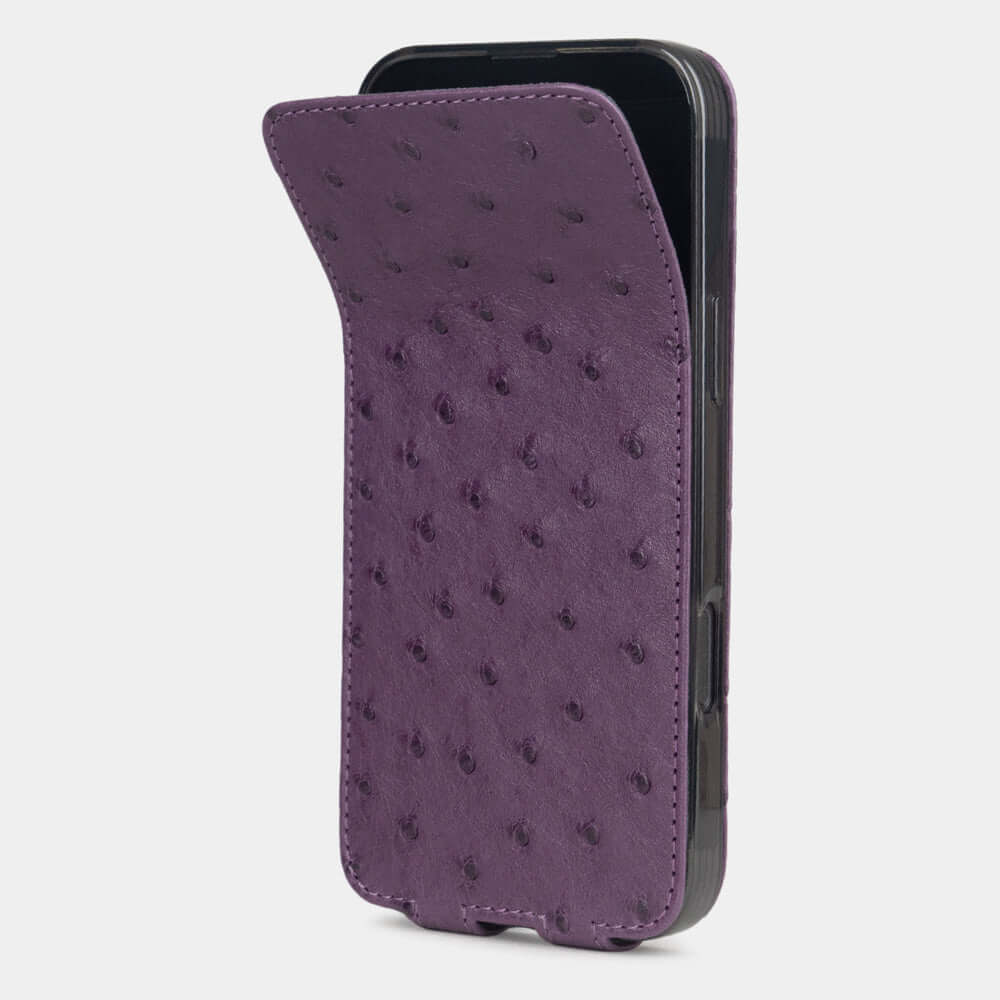 Purple Ostrich Flip Case iPhone 16 Pro Max – phone flip case with textured quill pattern, flexible front cover folding back to protect the smartphone screen
