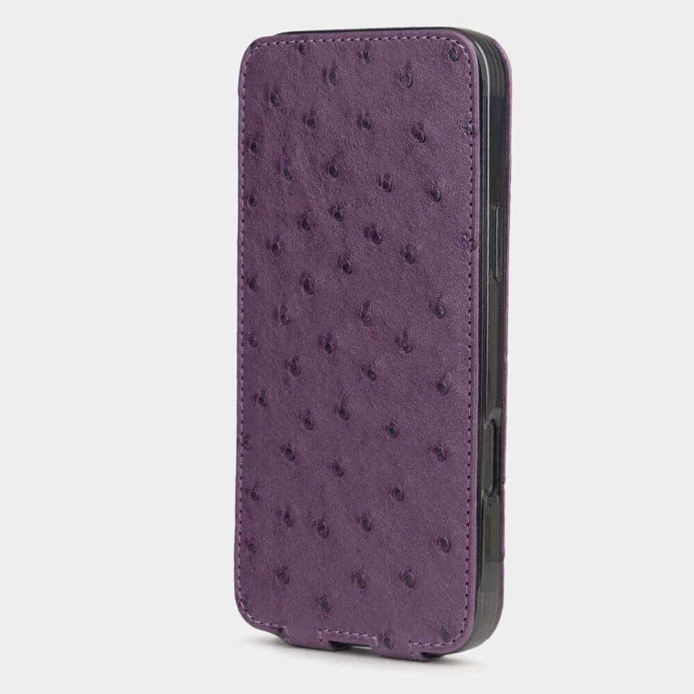 Purple Ostrich Flip Case iPhone 16 Pro Max – upright closed view highlighting the magnetic front cover fully protecting the screen, elegant silhouette
