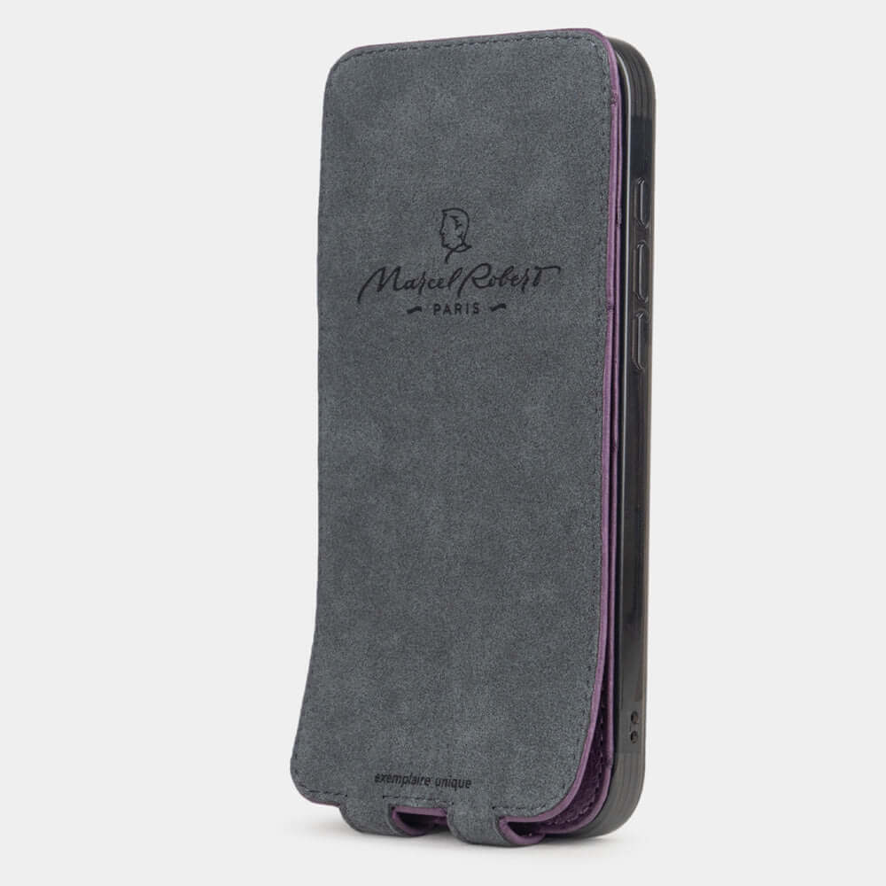 Purple Ostrich Flip Case iPhone 16 Pro Max- interior view showing grey Alcantara lining with magnetic closure, designed to clean and protect the screen