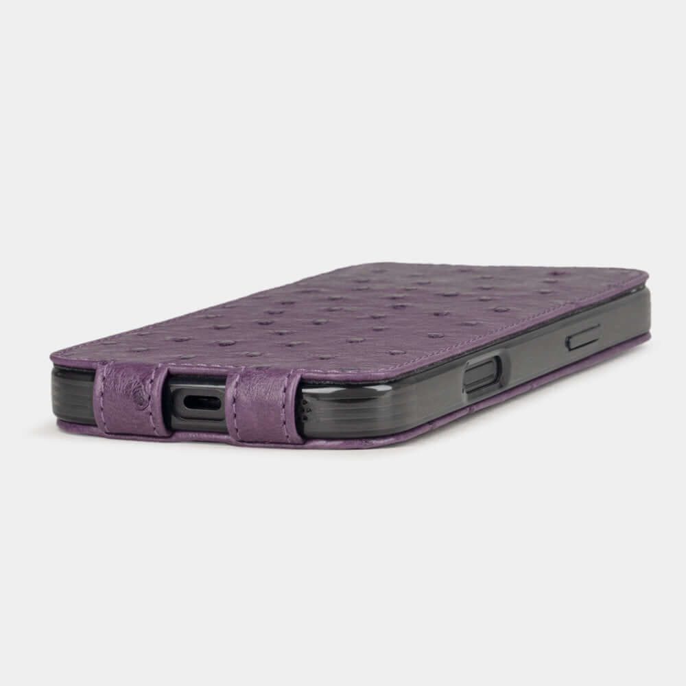 Purple Ostrich Flip Case iPhone 16 Pro Max - flat side view displaying ultra-thin handcrafted design, USB-C port opening and precise edge finishing