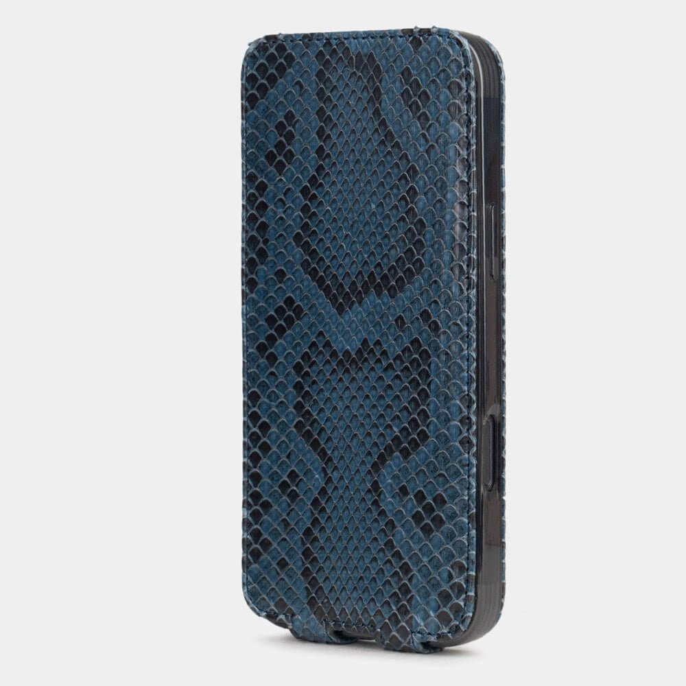 Blue Python Flip Case iPhone 16 Pro Max– upright closed view highlighting the magnetic front cover fully protecting the screen, elegant silhouette