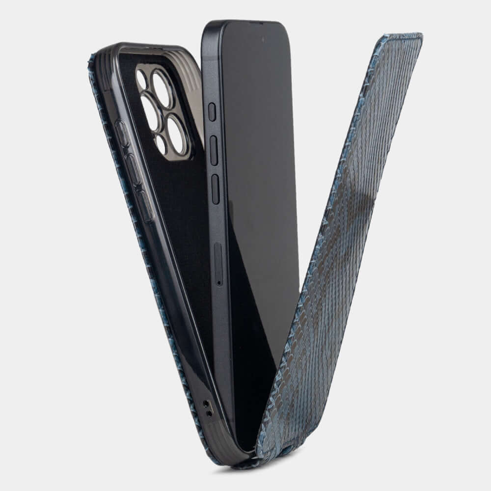 Blue Python Flip Case iPhone 16 Pro Max - flip phone case shown open on smartphone, natural scale texture with folding front cover