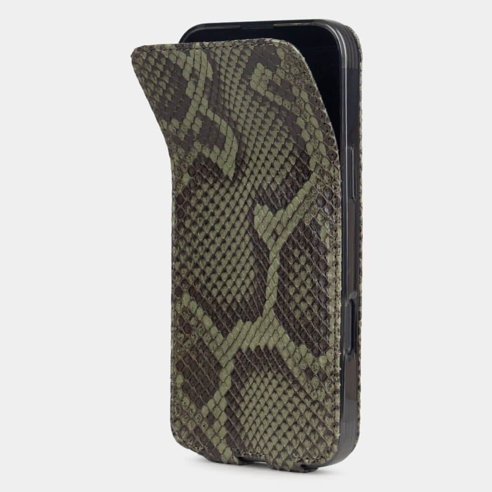 Green Python Flip Case iPhone 16 Pro Max – phone flip case with textured natural scale pattern, flexible front cover folding back to protect the smartphone screen
