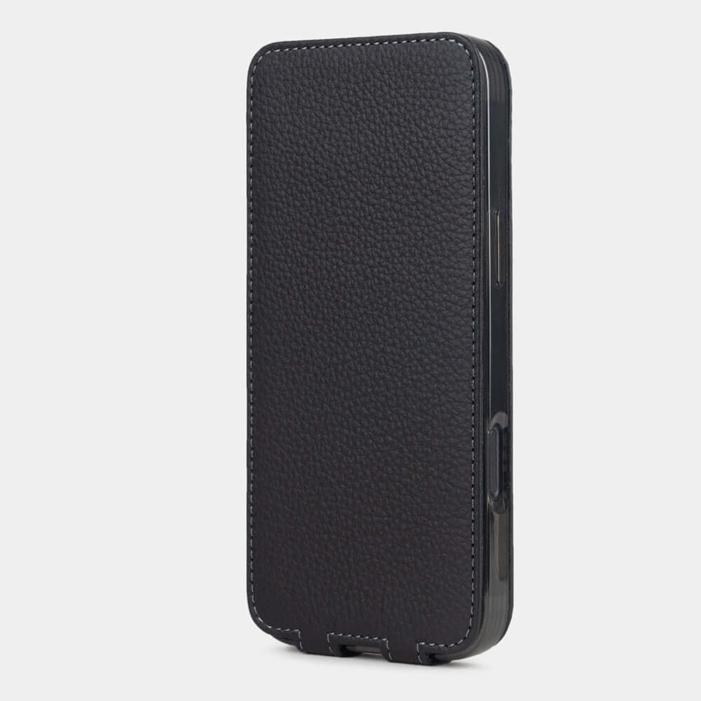 Black Calfskin Case iPhone 16 Pro Max – upright closed view highlighting the magnetic front cover fully protecting the screen, elegant silhouette