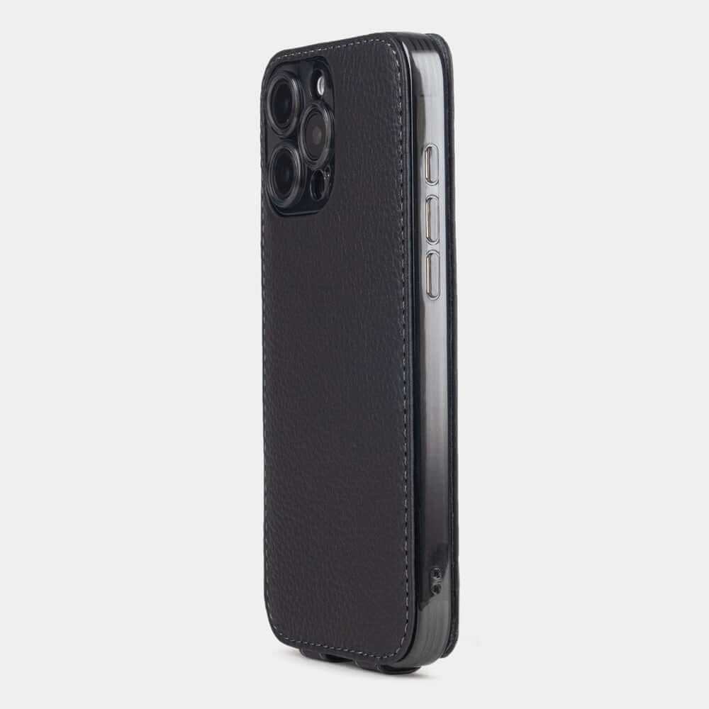 Black Calfskin Case iPhone 16 Pro Max - view from camera side and how the lenses are efficiently protected