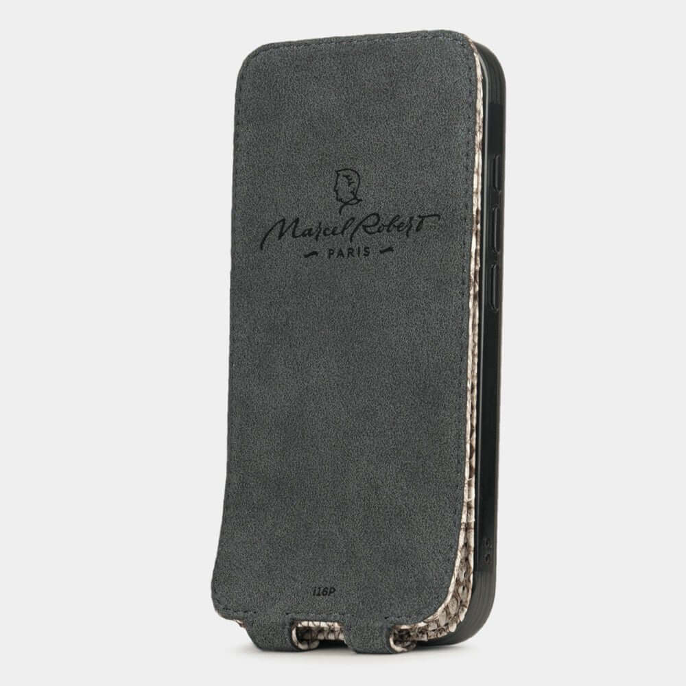 Natural Python Flip Case iPhone 16 Pro Max - interior view showing grey Alcantara lining with magnetic closure, designed to clean and protect the screen