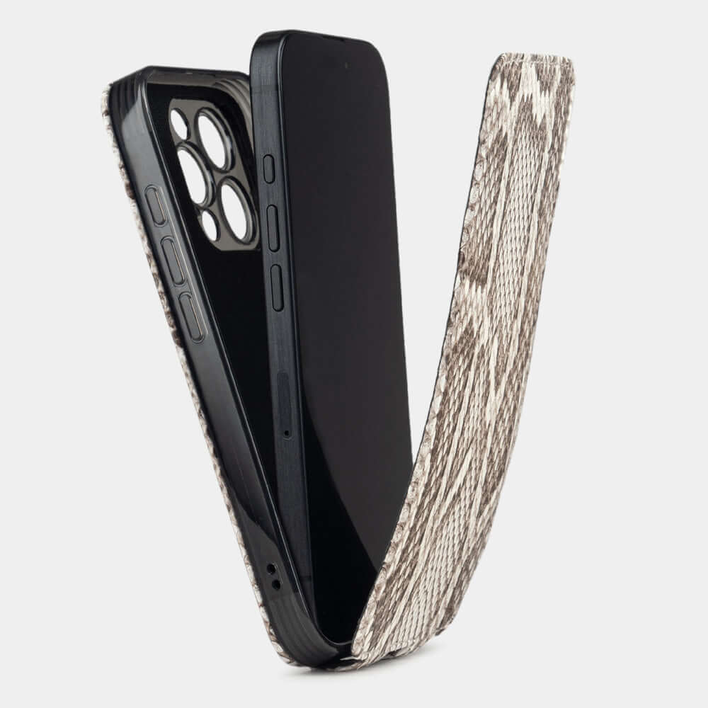Natural Python Flip Case iPhone 16 Pro Max - flip phone case shown open on smartphone, natural scale texture with folding front cover