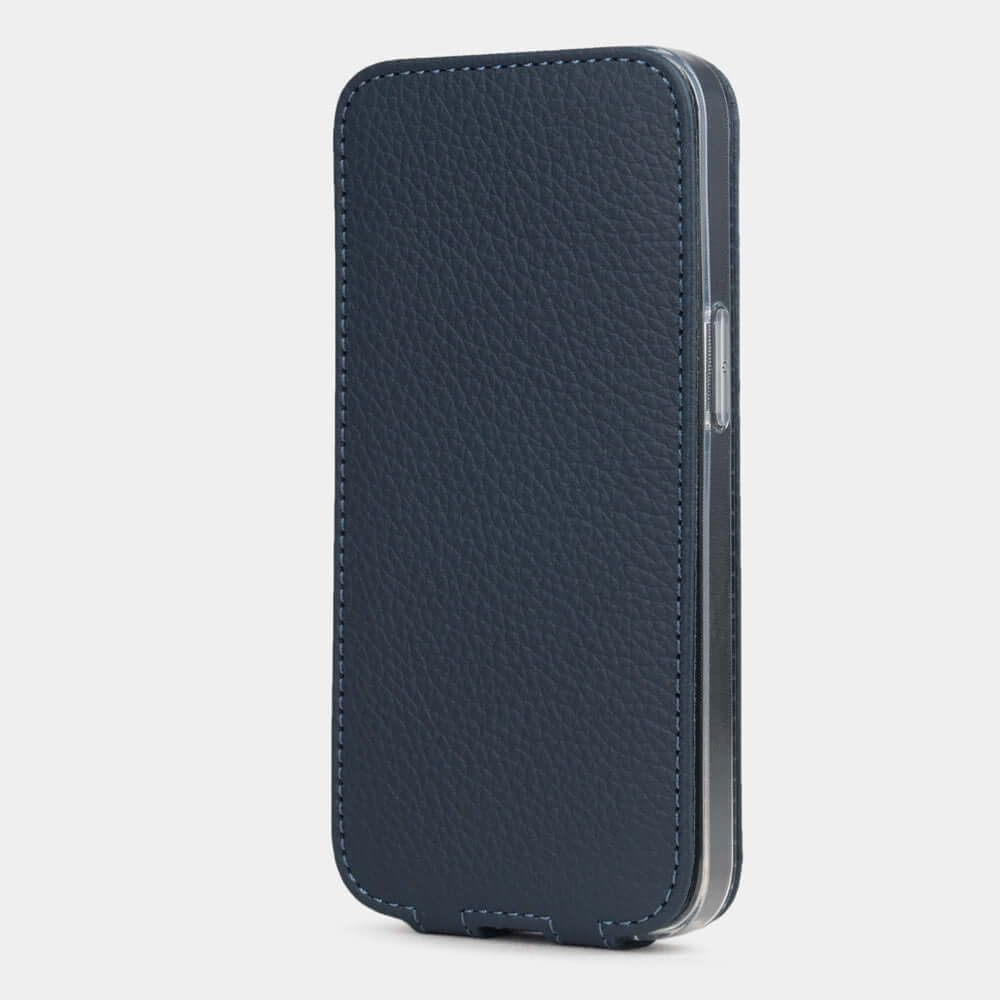 Blue Calfskin Case iPhone 16 e – upright closed view highlighting the magnetic front cover fully protecting the screen, elegant silhouette