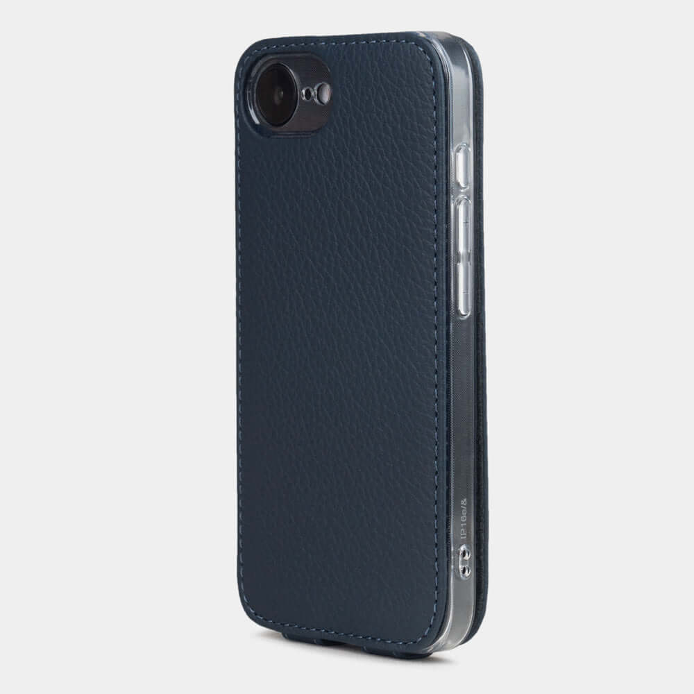 Blue Calfskin Case iPhone 16 e - view from camera side and how the lenses are efficiently protected