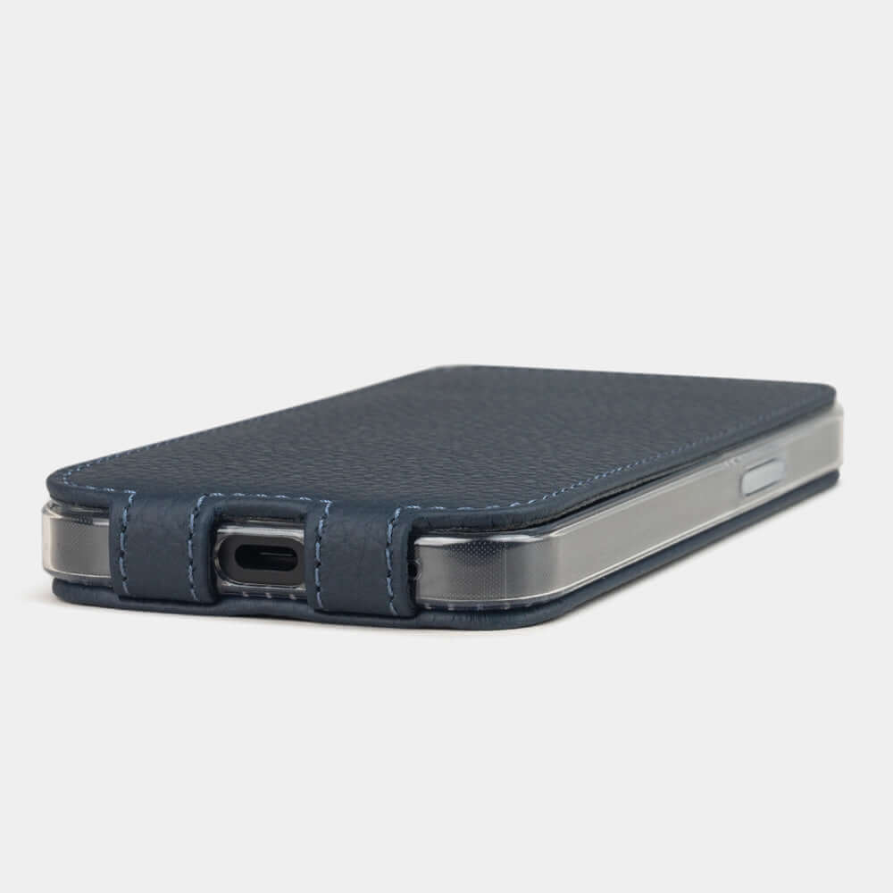 Blue Calfskin Case iPhone 16 e - flat side view displaying ultra-thin handcrafted design, USB-C port opening and precise edge finishing