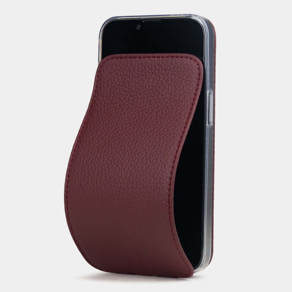 Bordeaux Calfskin Case iPhone 16 e – luxury handmade phone case in genuine leather with magnetic front cover partially open, main photo