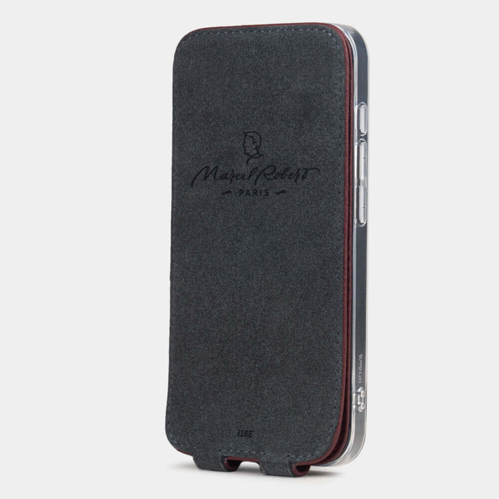 Bordeaux Calfskin Case iPhone 16 e - interior view showing grey Alcantara lining with magnetic closure, designed to clean and protect the screen