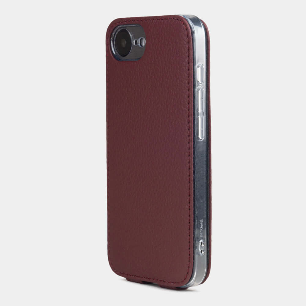 Bordeaux Calfskin Case iPhone 16 e - view from camera side and how the lenses are efficiently protected