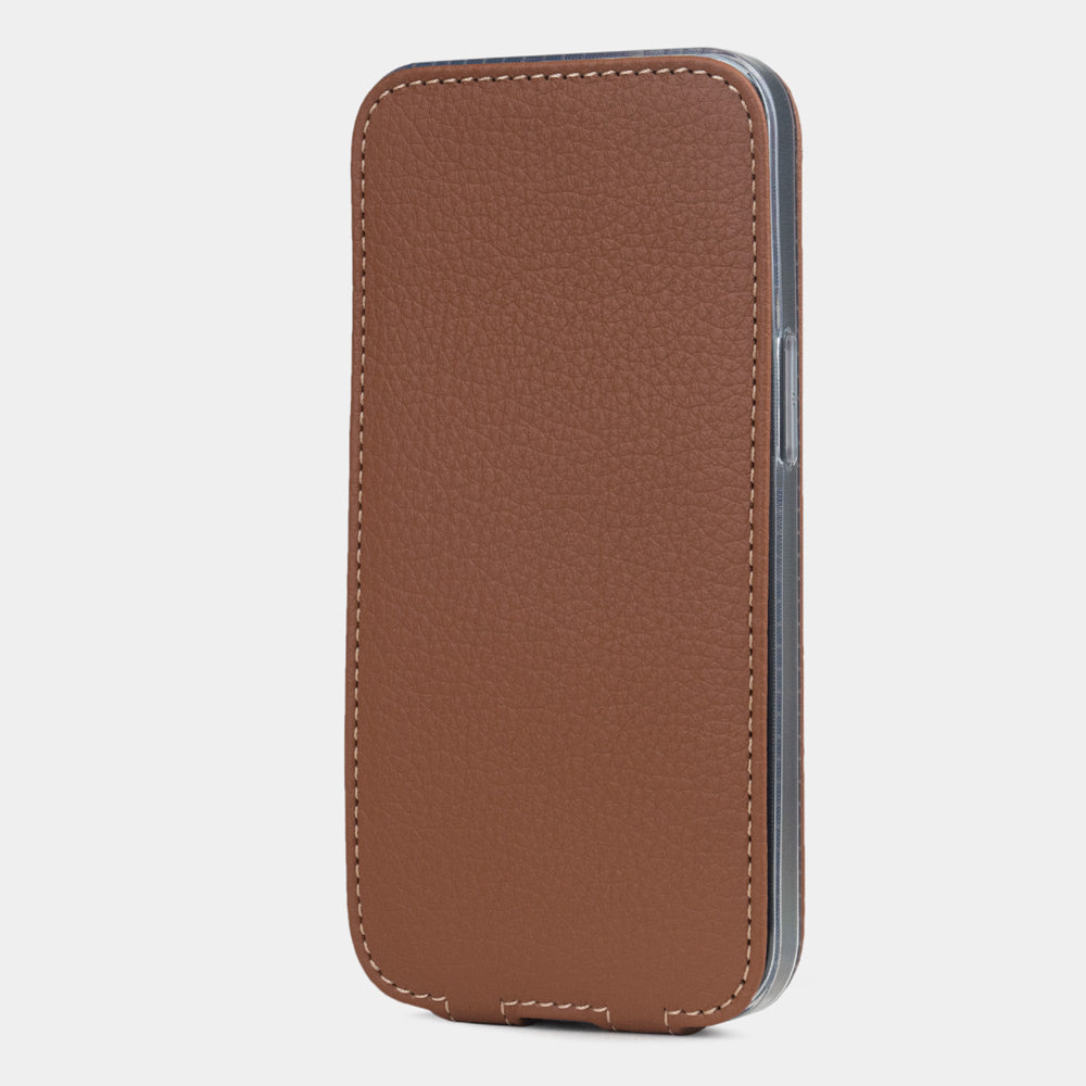 Strong iPhone 16e protection in premium golden leather, stable flip case