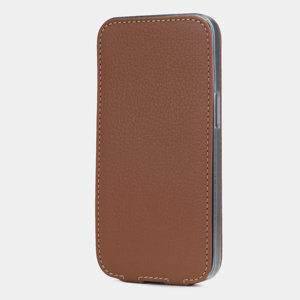 Gold Calfskin Case iPhone 16 e – upright closed view highlighting the magnetic front cover fully protecting the screen, elegant silhouette