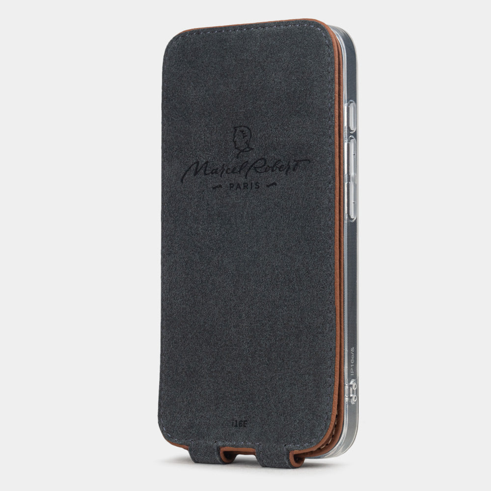 Protection robuste pour iPhone 16e en cuir caramel or de qualité supérieure, étui à rabat stable