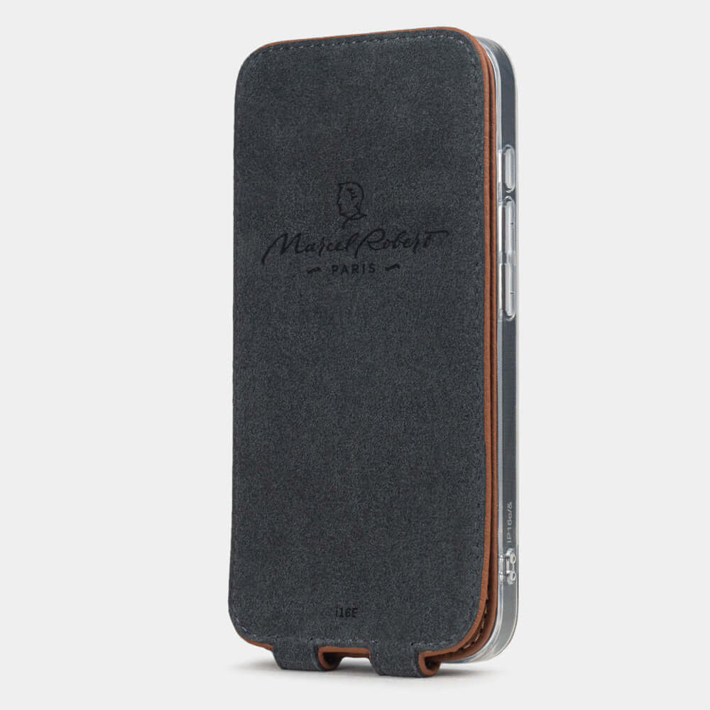 Gold Calfskin Case iPhone 16 e - interior view showing grey Alcantara lining with magnetic closure, designed to clean and protect the screen