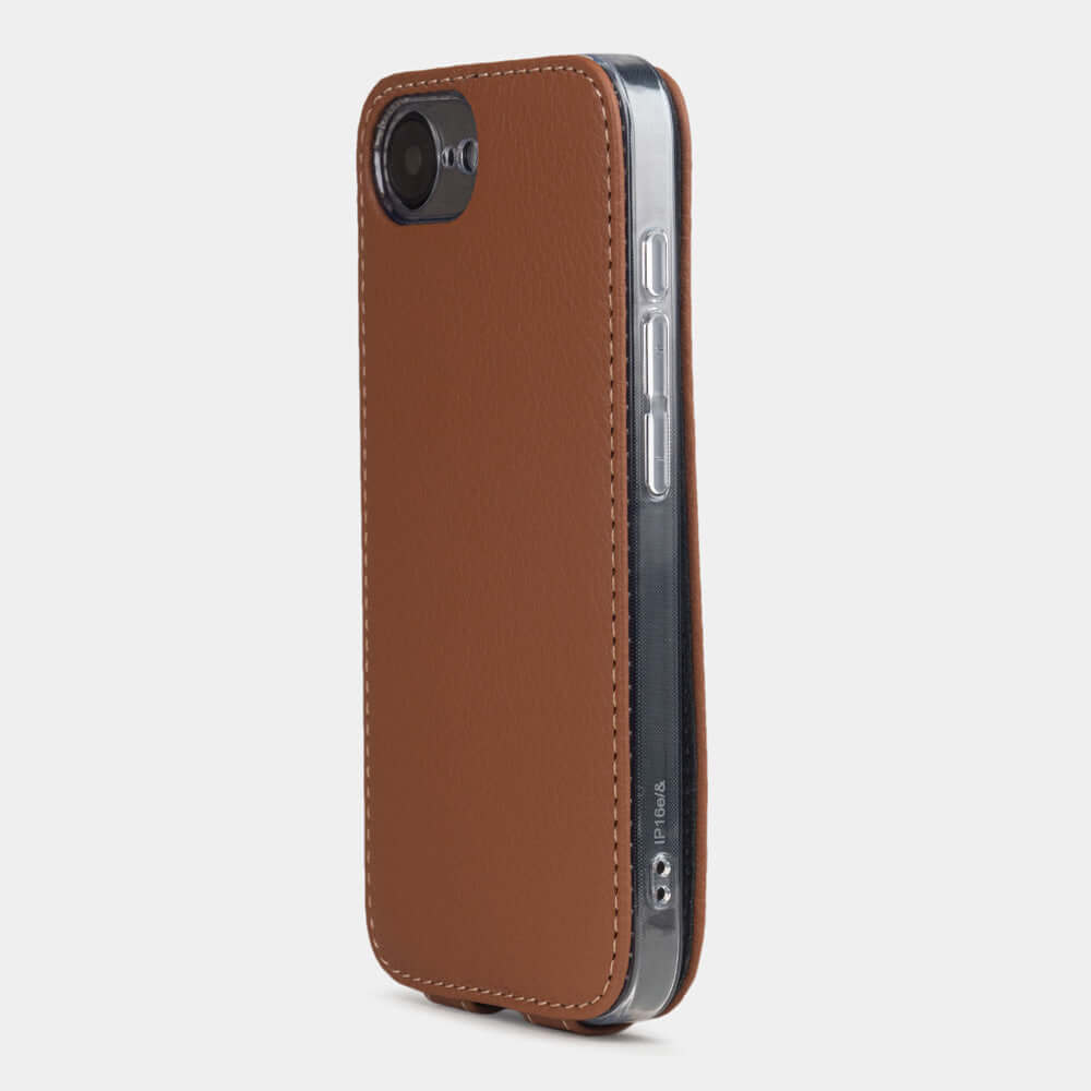 Gold Calfskin Case iPhone 16 e - view from camera side and how the lenses are efficiently protected