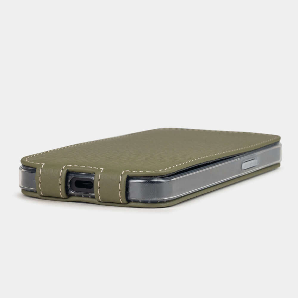 Green Calfskin Case iPhone 16 e - flat side view displaying ultra-thin handcrafted design, USB-C port opening and precise edge finishing