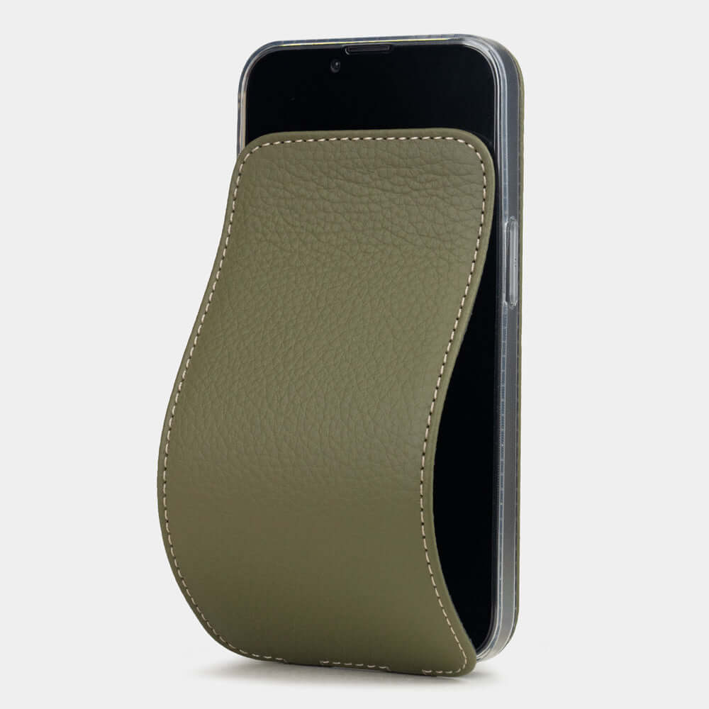 Green Calfskin Case iPhone 16 e – luxury handmade phone case in genuine leather with magnetic front cover partially open, main photo