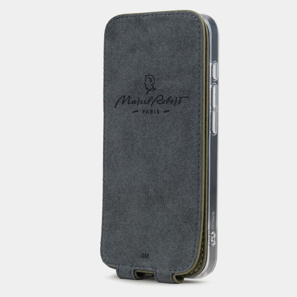 Green Calfskin Case iPhone 16 e - interior view showing grey Alcantara lining with magnetic closure, designed to clean and protect the screen