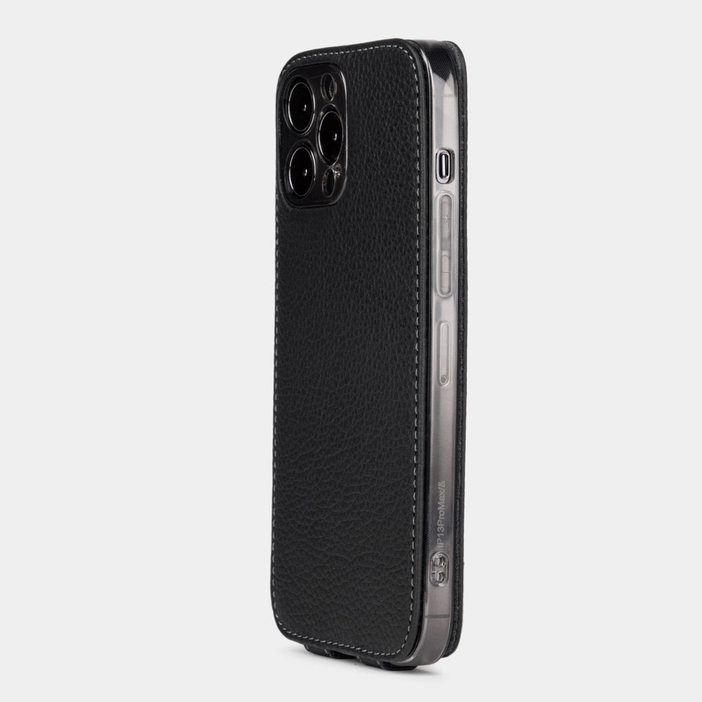 iPhone 14 Pro Max flip case made with black premium leather – view from the camera side showing how the leather efficiently protects the camera block