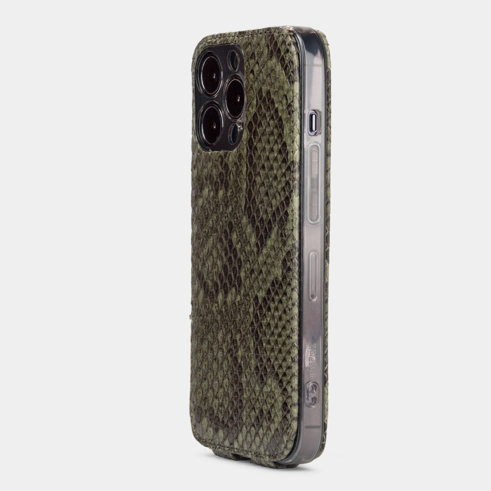 Green python leather iPhone 14 Pro case laid flat, MagSafe flip cover