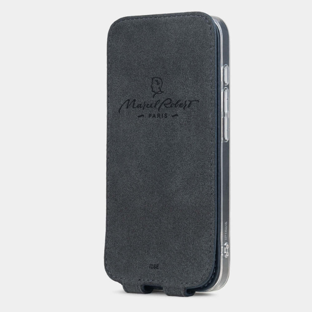Blue Calfskin Case iPhone 16 e - interior view showing grey Alcantara lining with magnetic closure, designed to clean and protect the screen