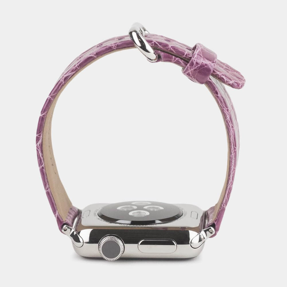 purple alligator Strap Apple Watch steel adapters and buckle profile view