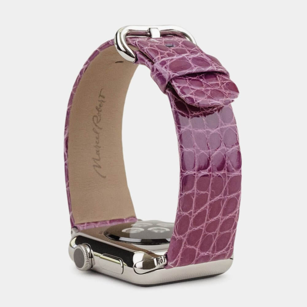 purple alligator Strap Apple Watch steel adapters and buckle upper view