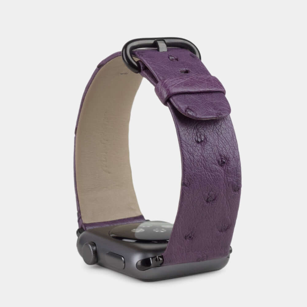 purple ostrich strap apple watch black adapters and buckle upper view