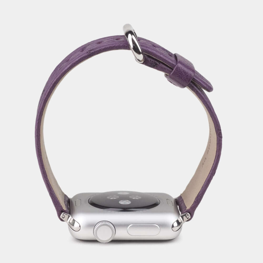 purple ostrich strap apple watch steel adapters and buckle profile view