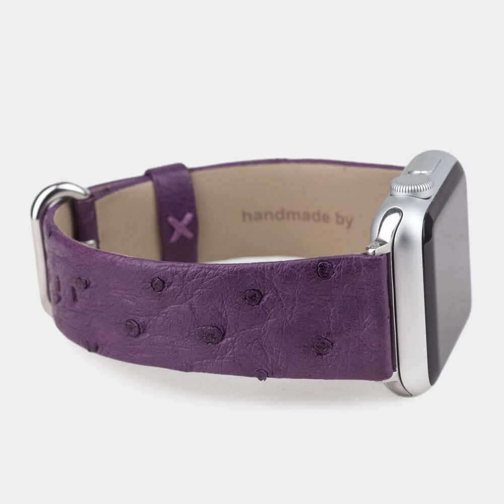 purple ostrich strap apple watch steel adapters and buckle side view