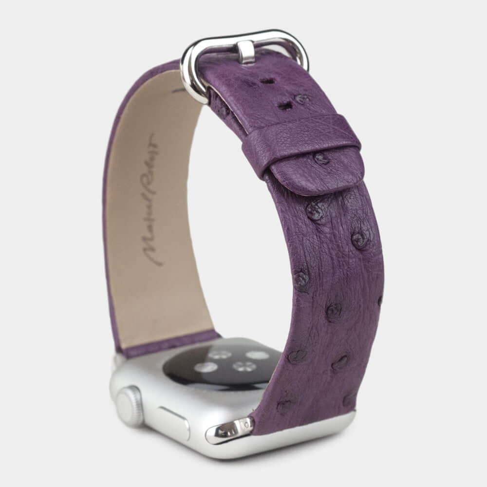purple ostrich strap apple watch steel adapters and buckle upper view